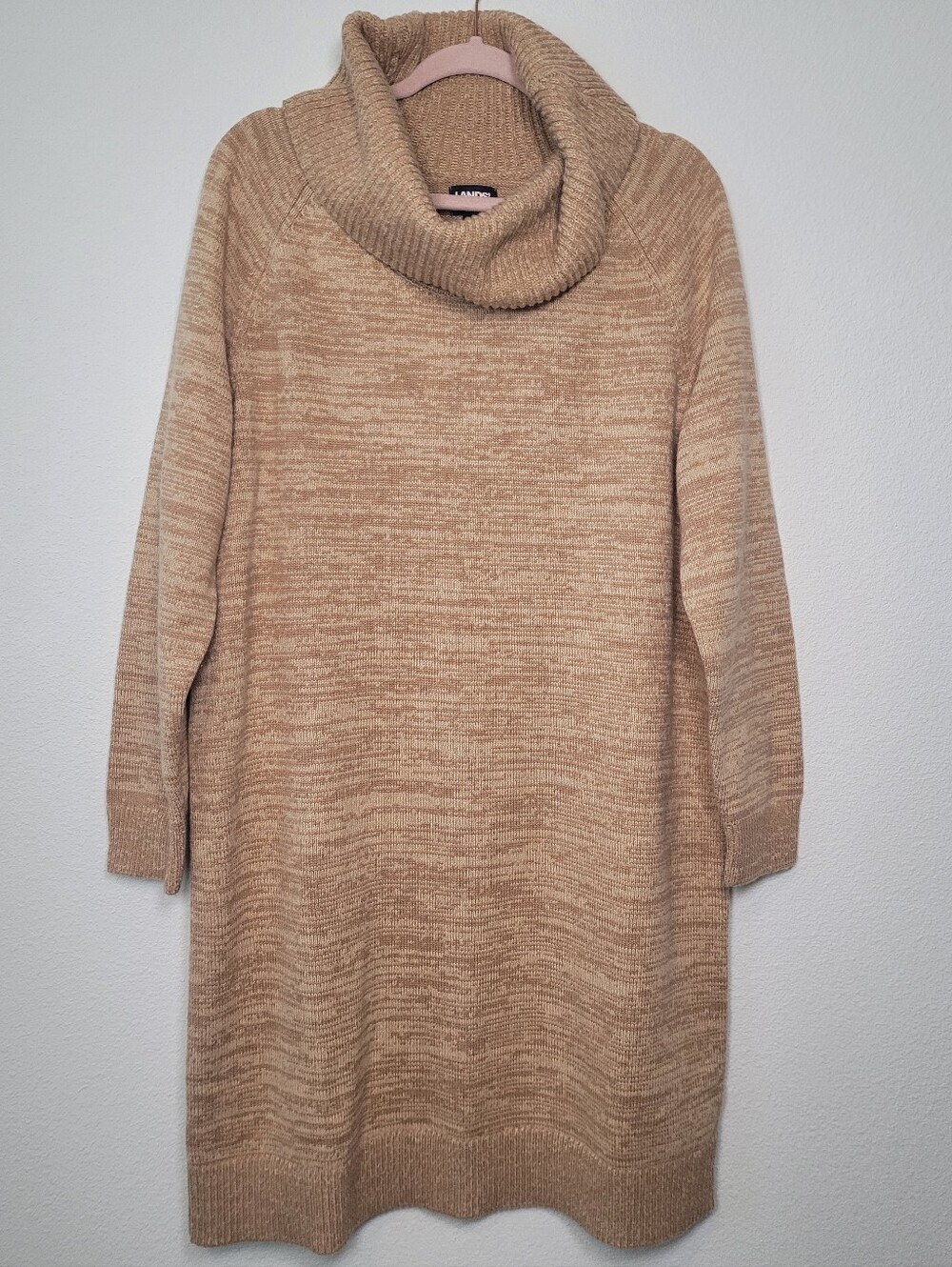 Lands End Tan Camel Heathered Cowl Neck Knit Sweater Dress L 14 16 Long Sleeve